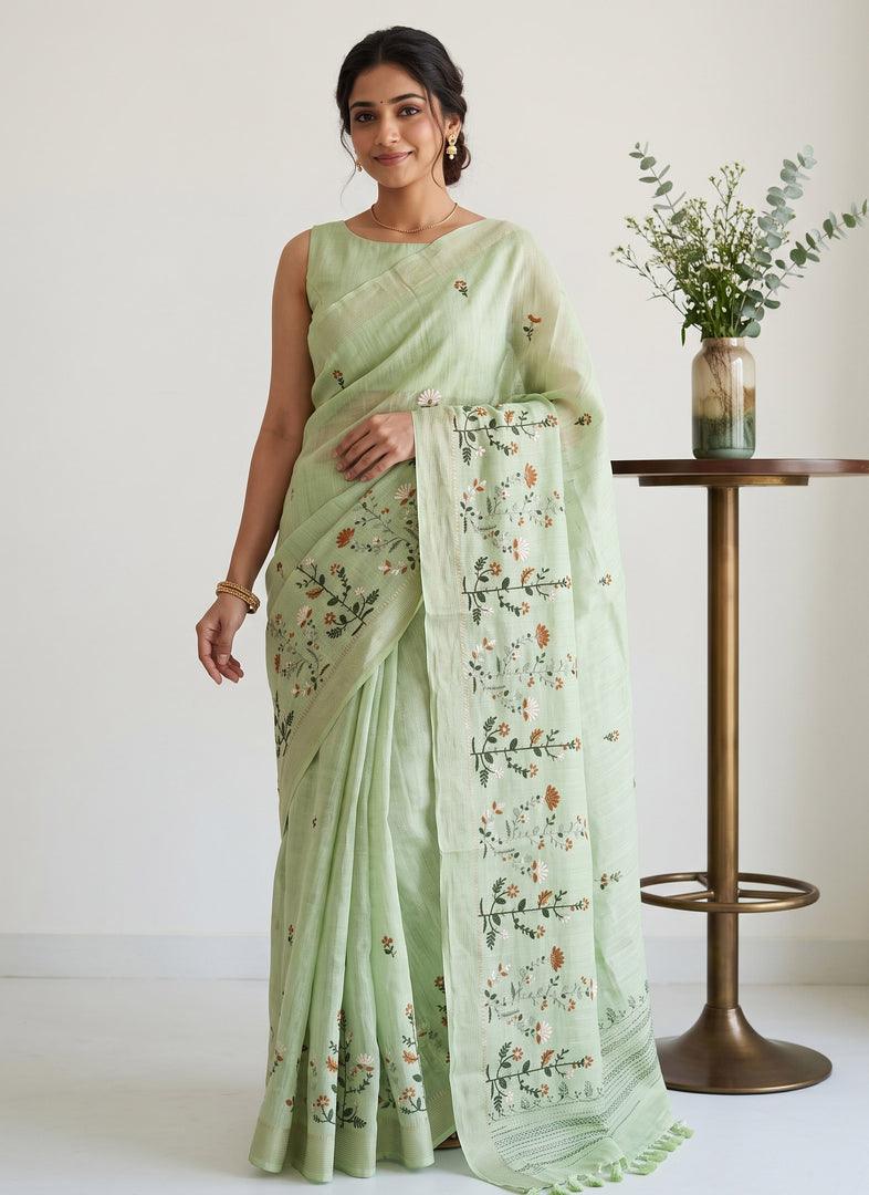 Siri Collections Latest Linen Blend Chanderi Saree with nice Embroidery work