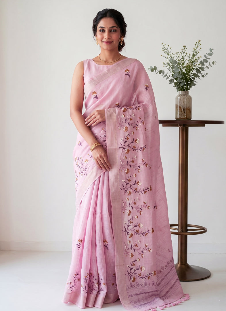 Siri Collections Latest Linen Blend Chanderi Saree with nice Embroidery work