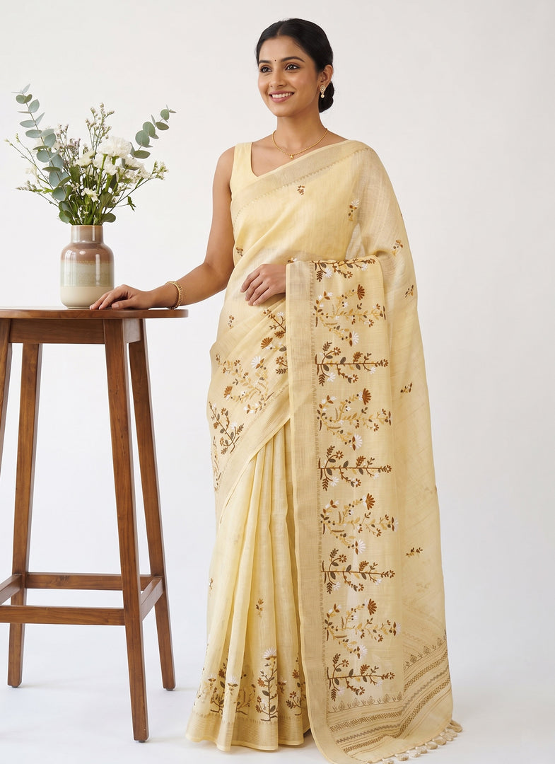 Siri Collections Latest Linen Blend Chanderi Saree with nice Embroidery work