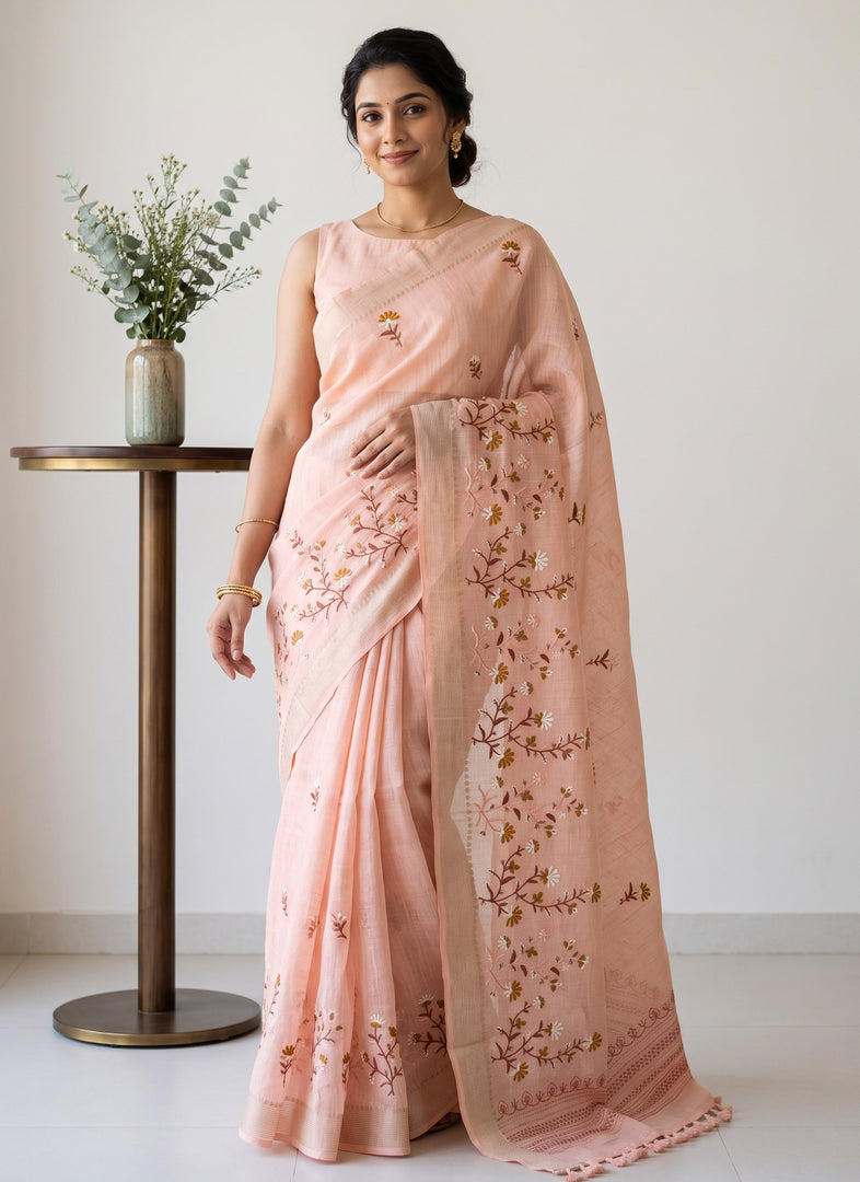 Siri Collections Latest Linen Blend Chanderi Saree with nice Embroidery work