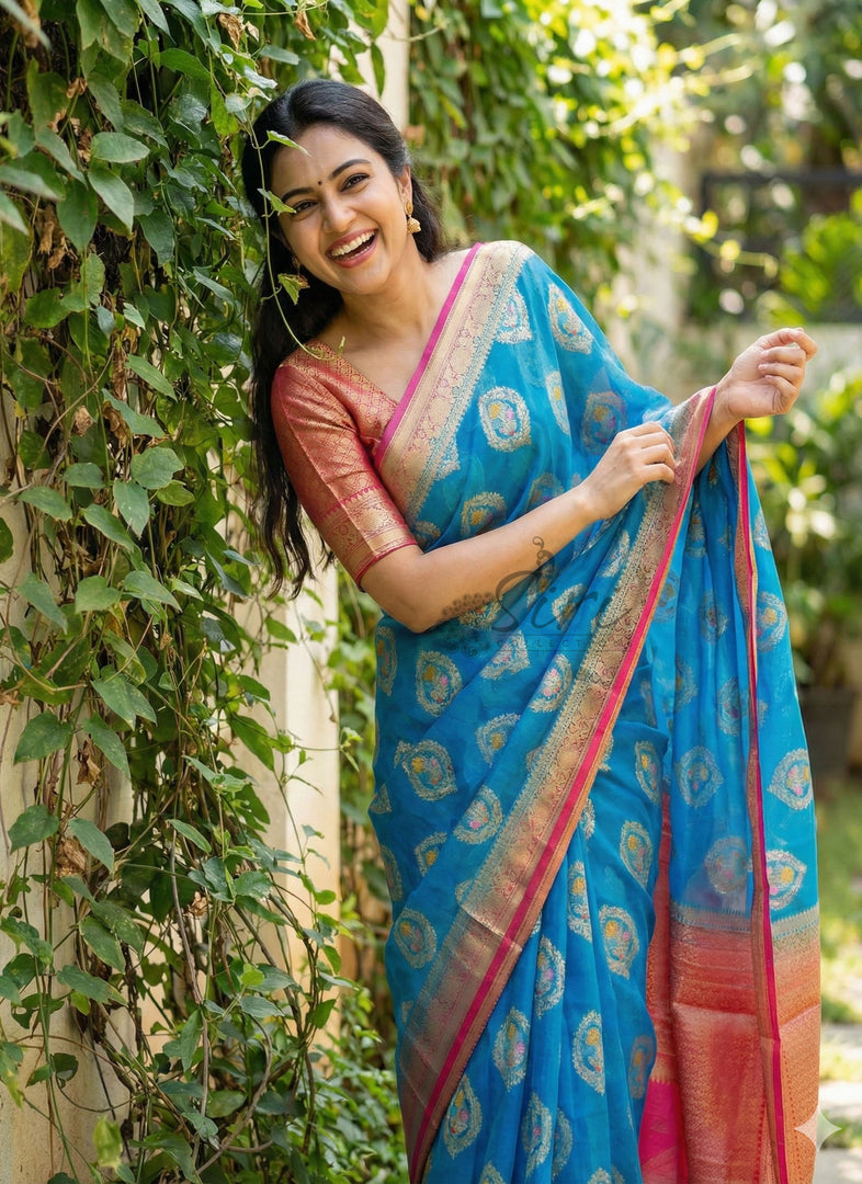Lightweight Kora Silk Saree with Floral Weave with Blouse