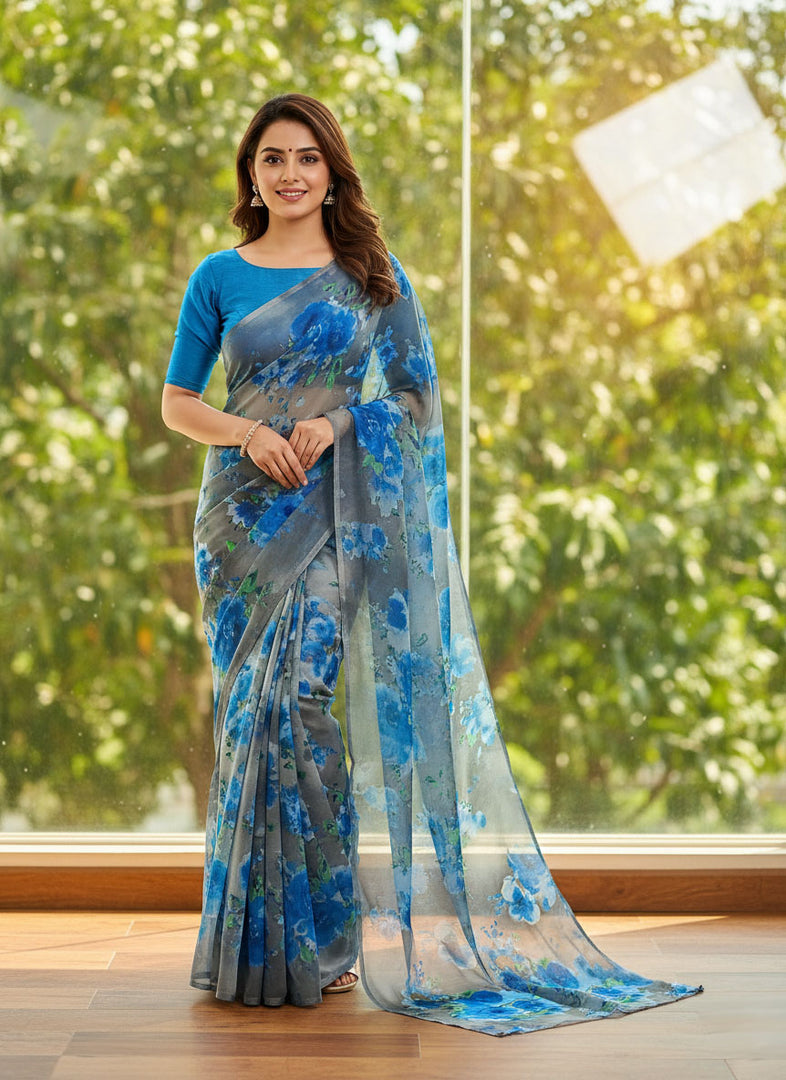 Latest Garden Vareli Printed Nara Chiffon Saree