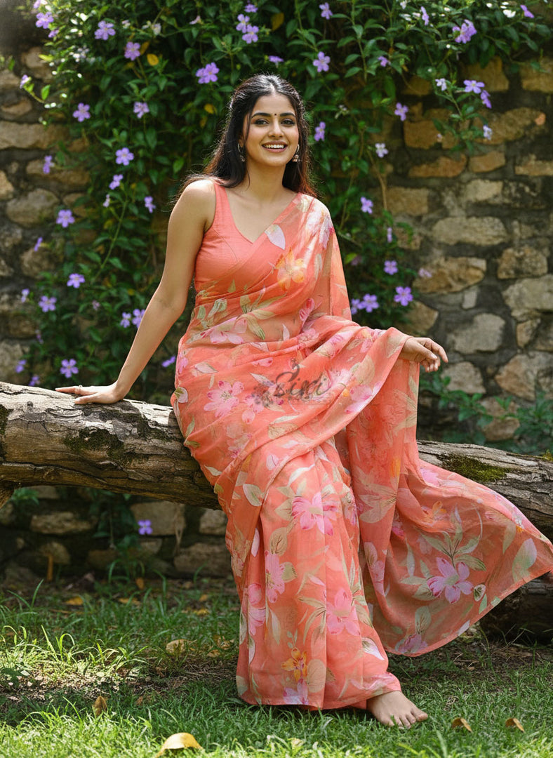 Exclusive Garden Vareli Printed Nara Chiffon Saree