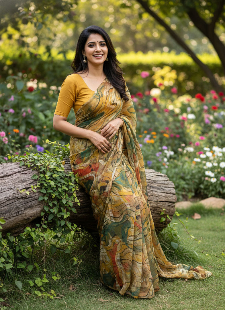 Latest Garden Vareli Printed Nara Chiffon Saree