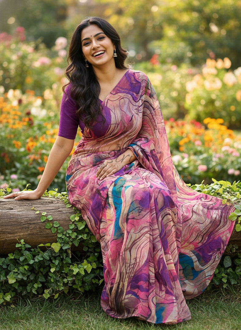 Latest Garden Vareli Printed Nara Chiffon Saree