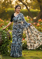 Load image into Gallery viewer, Garden Vareli Floral Print Nara Chiffon Saree

