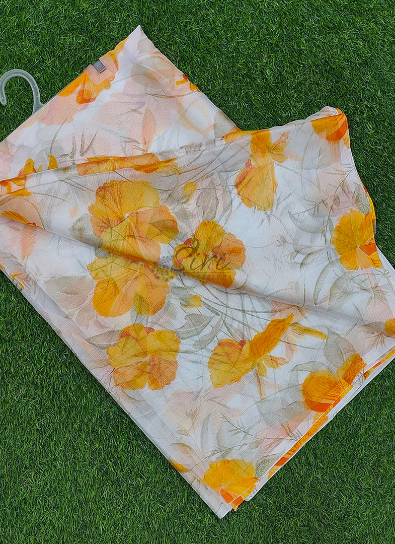Garden Vareli White and Yellow Floral Nara Chiffon Saree