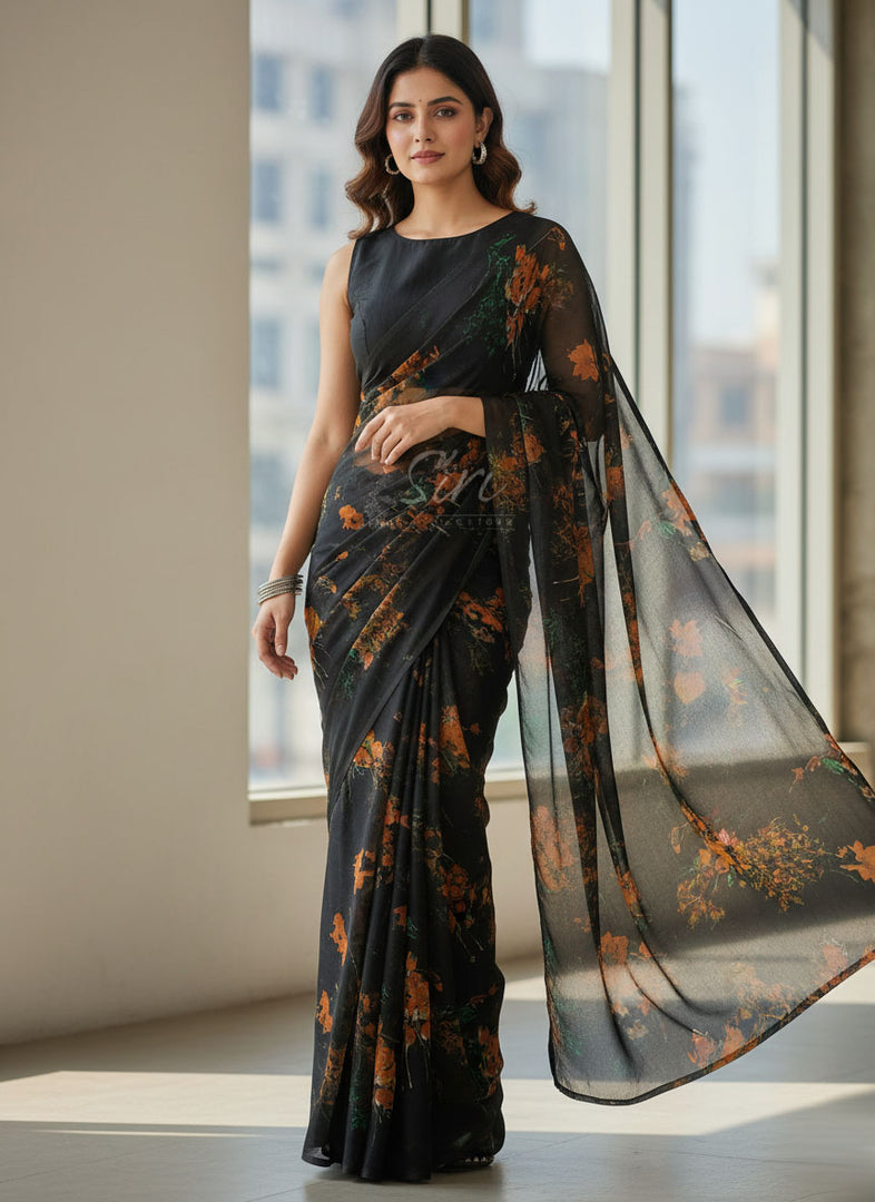 High Quality Garden Vareli Printed Nara Chiffon Saree
