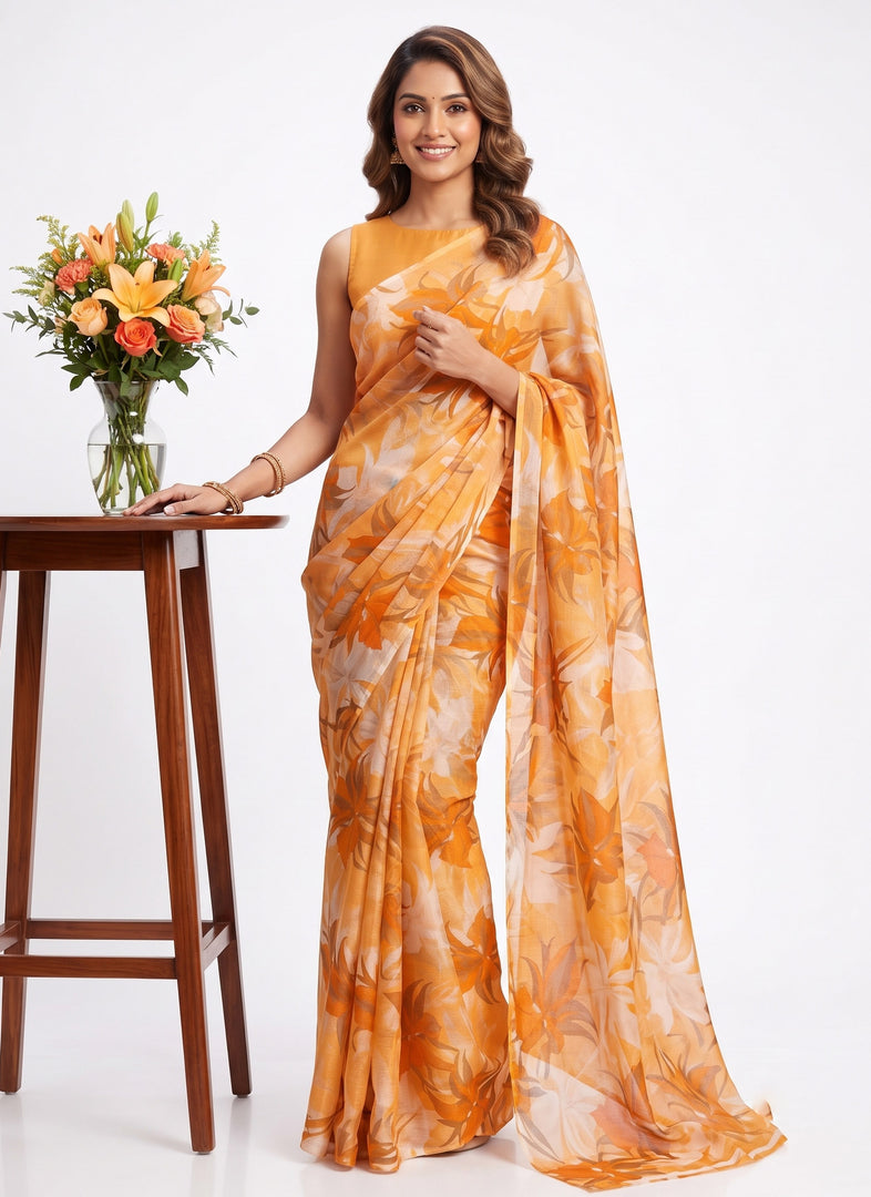 Garden Vareli Printed Nara Chiffon Saree without Blouse