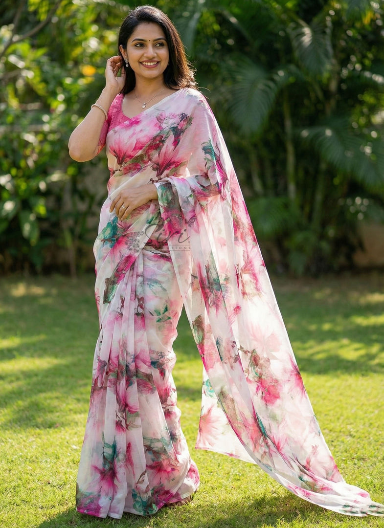 High Quality Garden Vareli Printed Nara Chiffon Saree