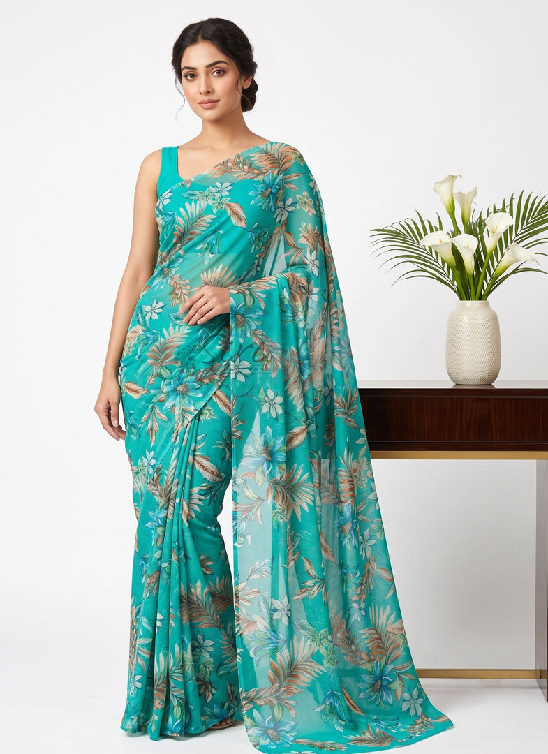 Garden Vareli Printed Nara Chiffon Saree without Blouse