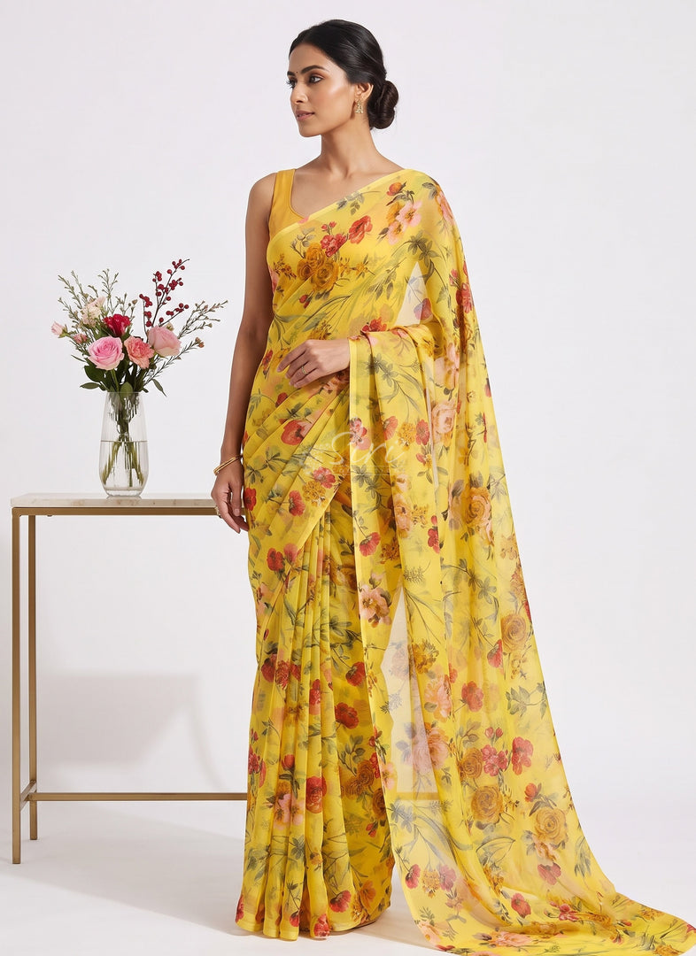 High Quality Garden Vareli Printed Nara Chiffon Saree