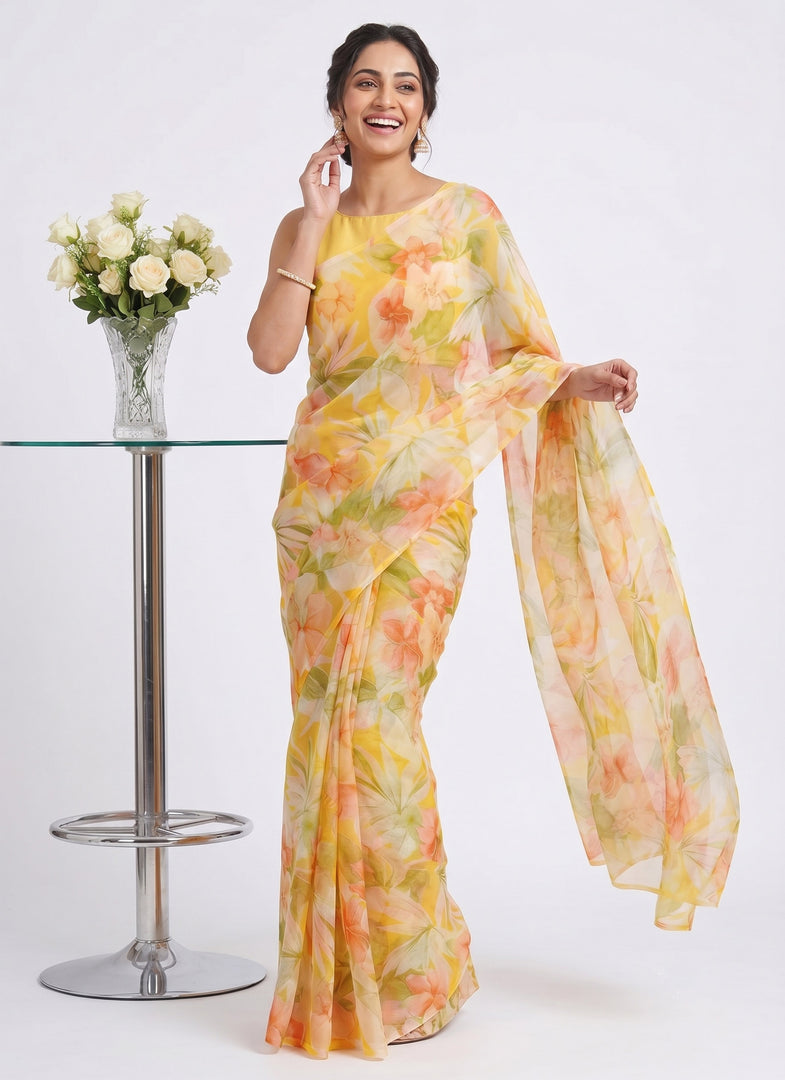 High Quality Garden Vareli Printed Nara Chiffon Saree