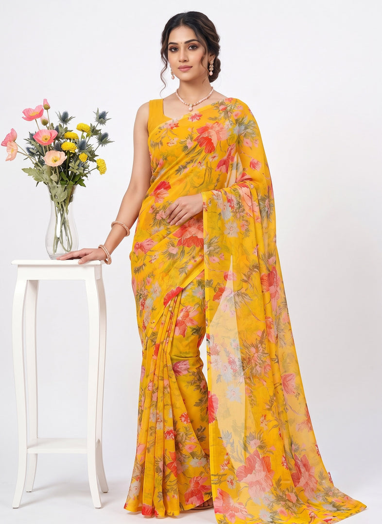 High Quality Garden Vareli Printed Nara Chiffon Saree without Blouse