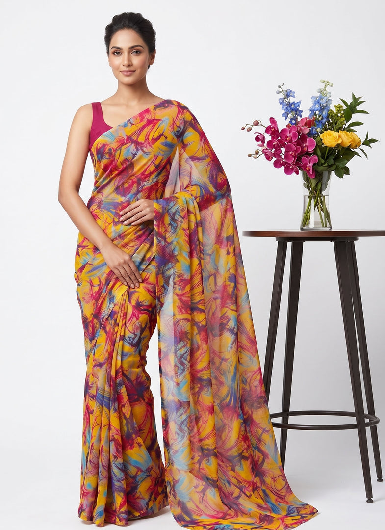 Garden Vareli Printed Nara Chiffon Saree without Blouse