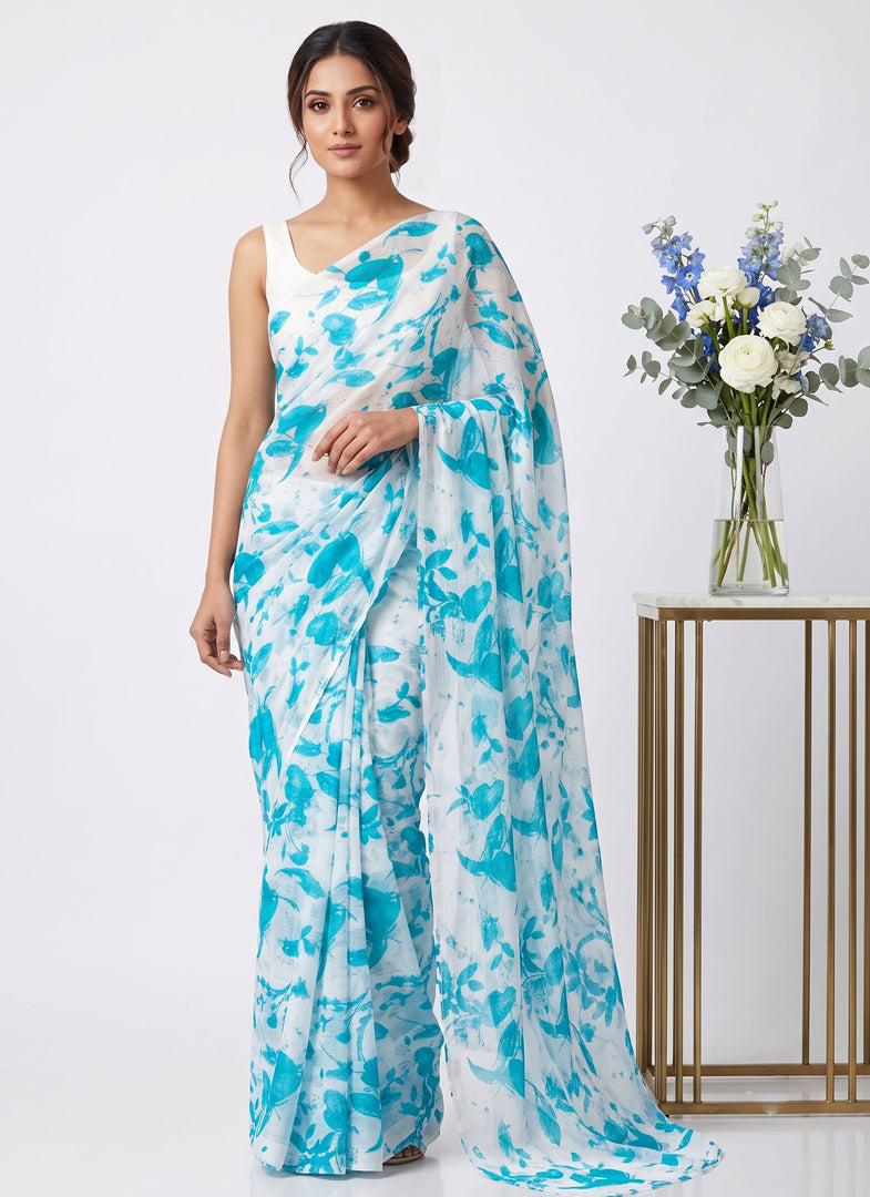 High Quality Garden Vareli Printed Nara Chiffon Saree without Blouse