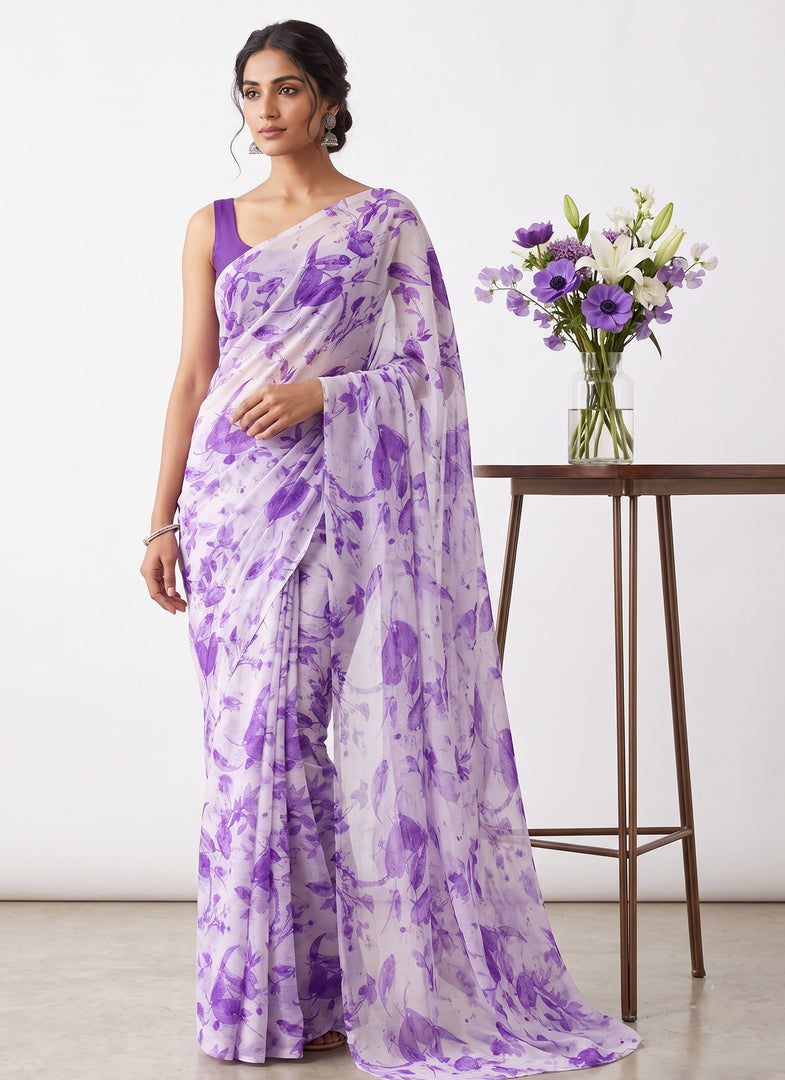 High Quality Garden Vareli Printed Nara Chiffon Saree without Blouse