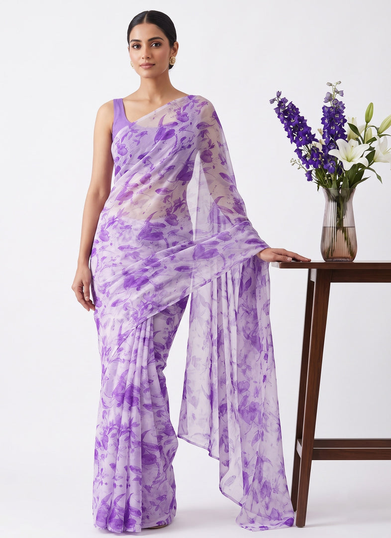 High Quality Garden Vareli Printed Nara Chiffon Saree without Blouse