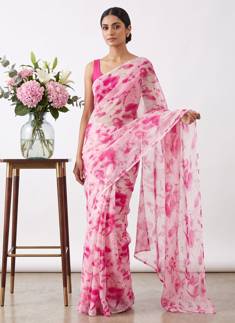 High Quality Garden Vareli Printed Nara Chiffon Saree without Blouse