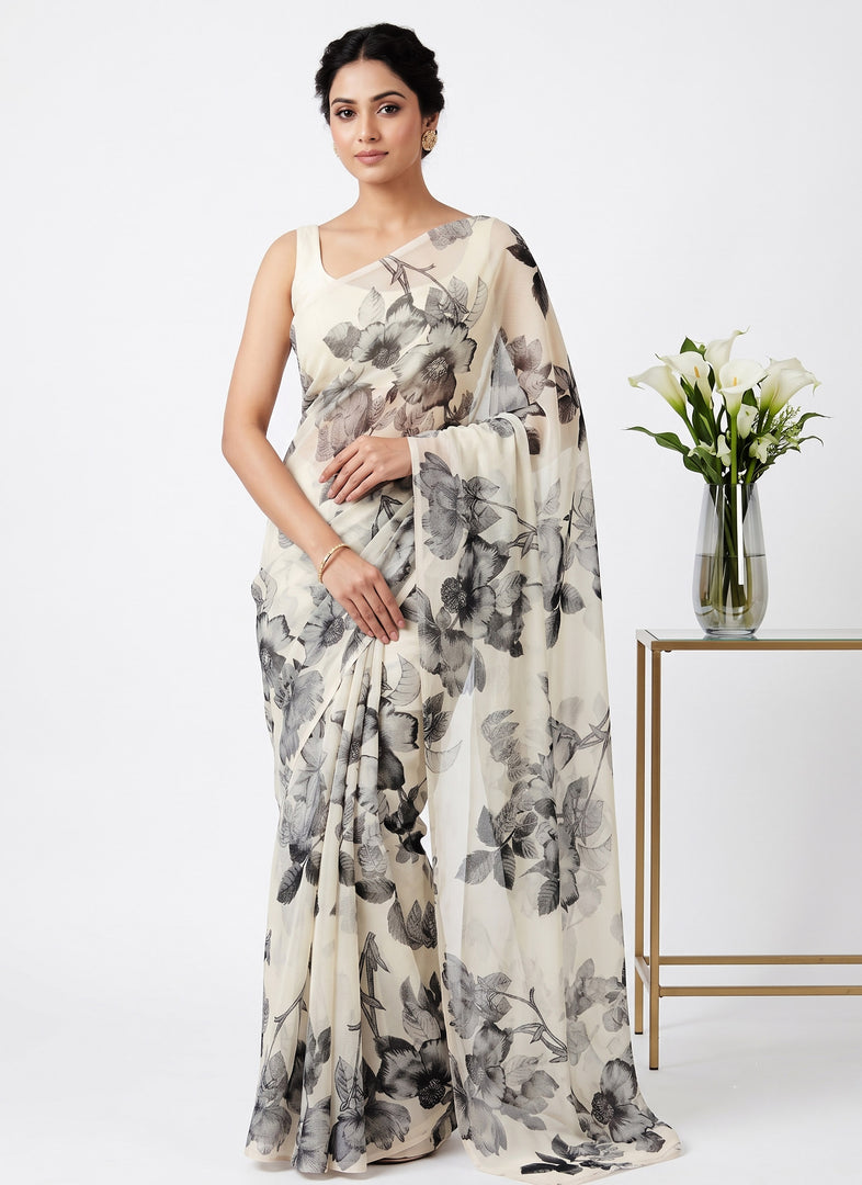 Garden Vareli Printed Nara Chiffon Saree without Blouse