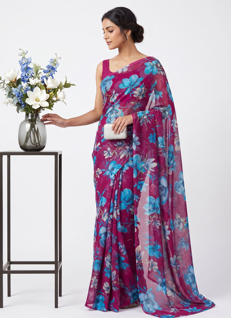Garden Vareli Printed Nara Chiffon Saree without Blouse