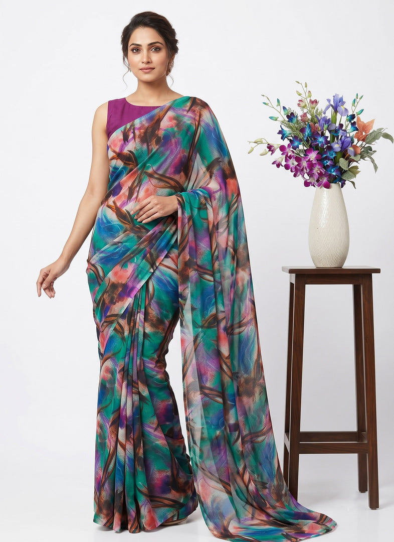 Garden Vareli Printed Nara Chiffon Saree without Blouse
