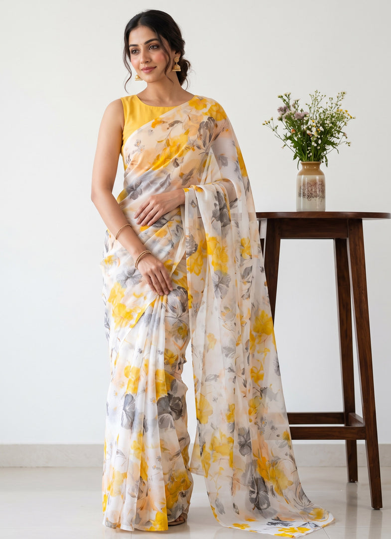 Garden Vareli Printed Nara Chiffon Saree without Blouse