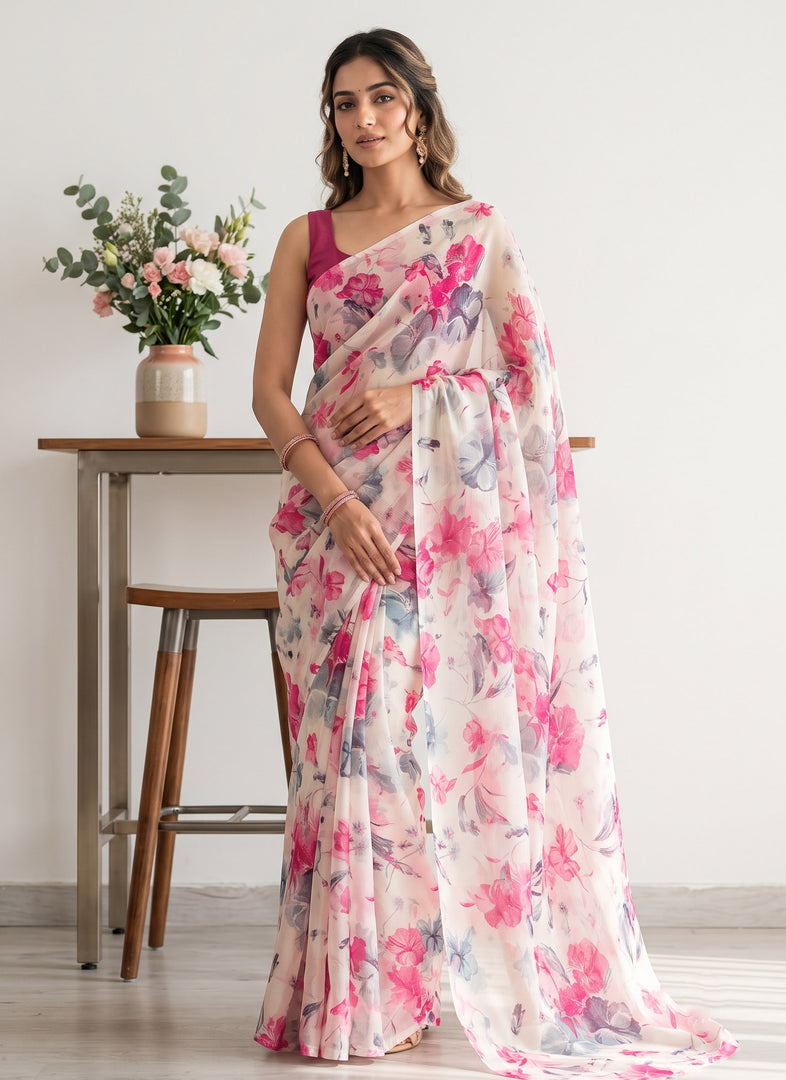 Garden Vareli Printed Nara Chiffon Saree without Blouse