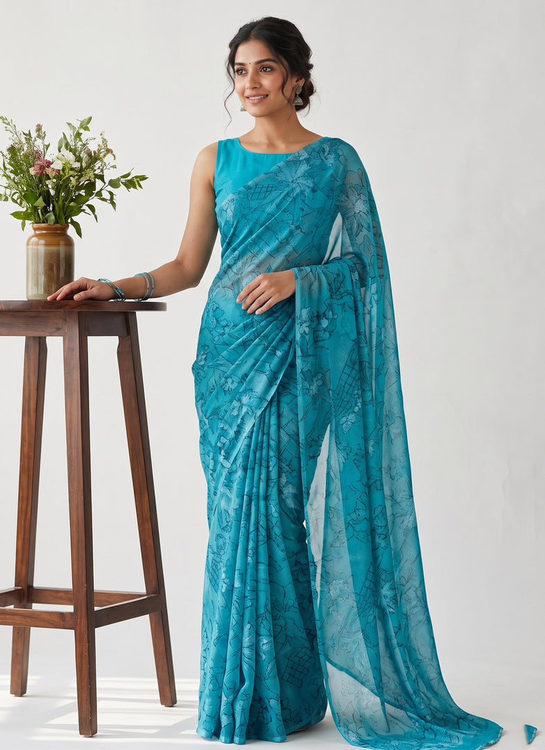Garden Vareli Printed Nara Chiffon Saree without Blouse