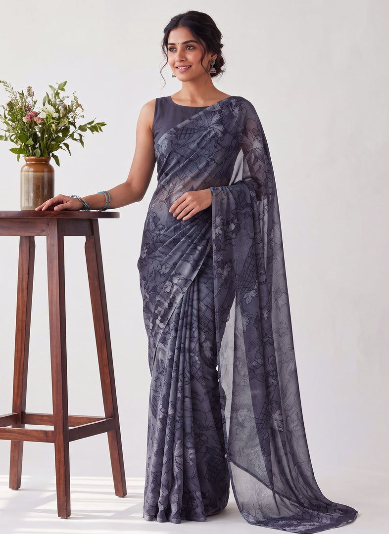 Garden Vareli Printed Nara Chiffon Saree without Blouse
