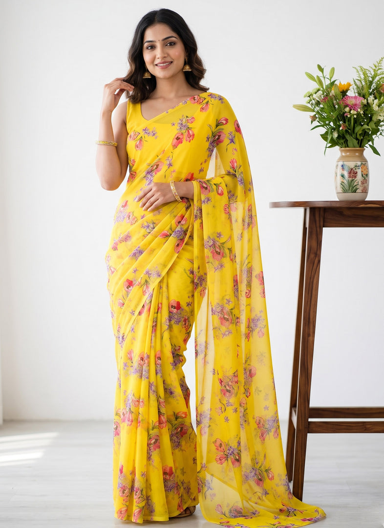 Latest Garden Vareli Printed Nara Chiffon Saree without Blouse