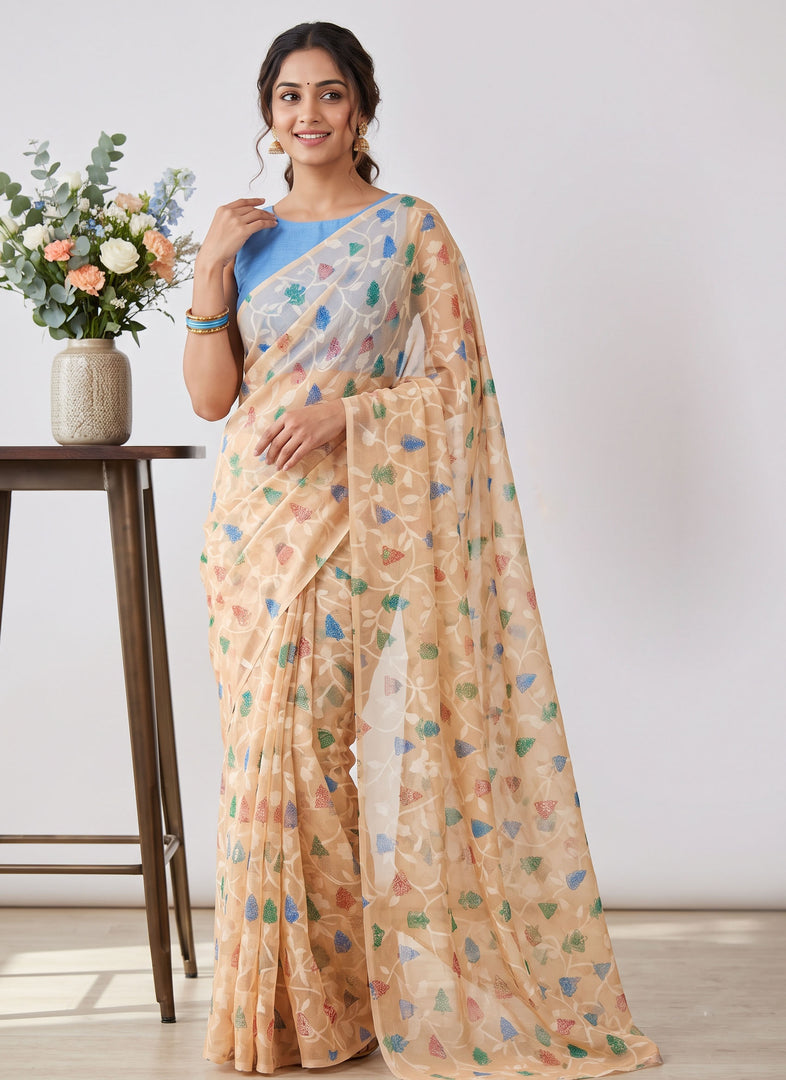 Beautiful Garden Vareli Printed Summer Roganza Saree with Blouse