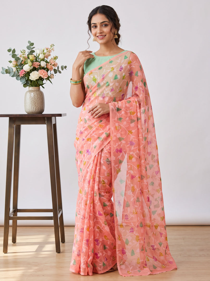 Beautiful Garden Vareli Printed Summer Roganza Saree with Blouse
