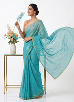 Load image into Gallery viewer, Cyan Blue Chiffon Saree In Zari Checks