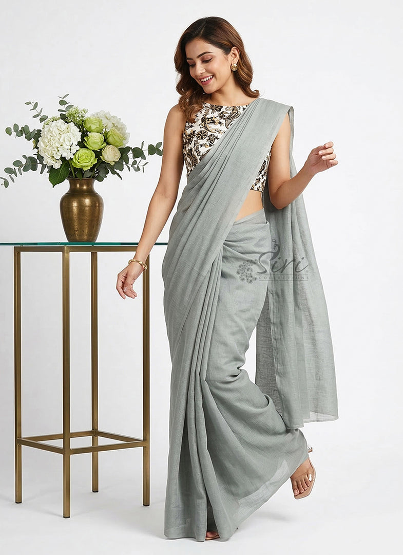 Elegant Linen Saree with Printed Blouse