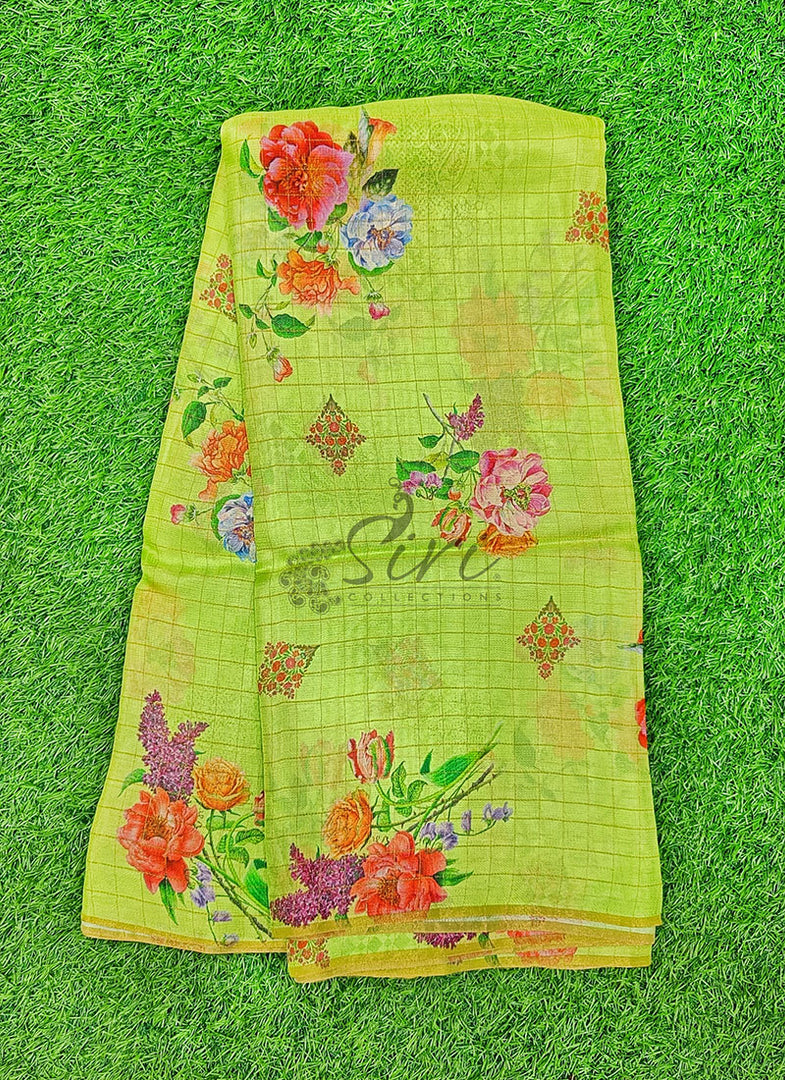 Beautiful Digital Floral Print Jute Silk Saree in Zari Checks