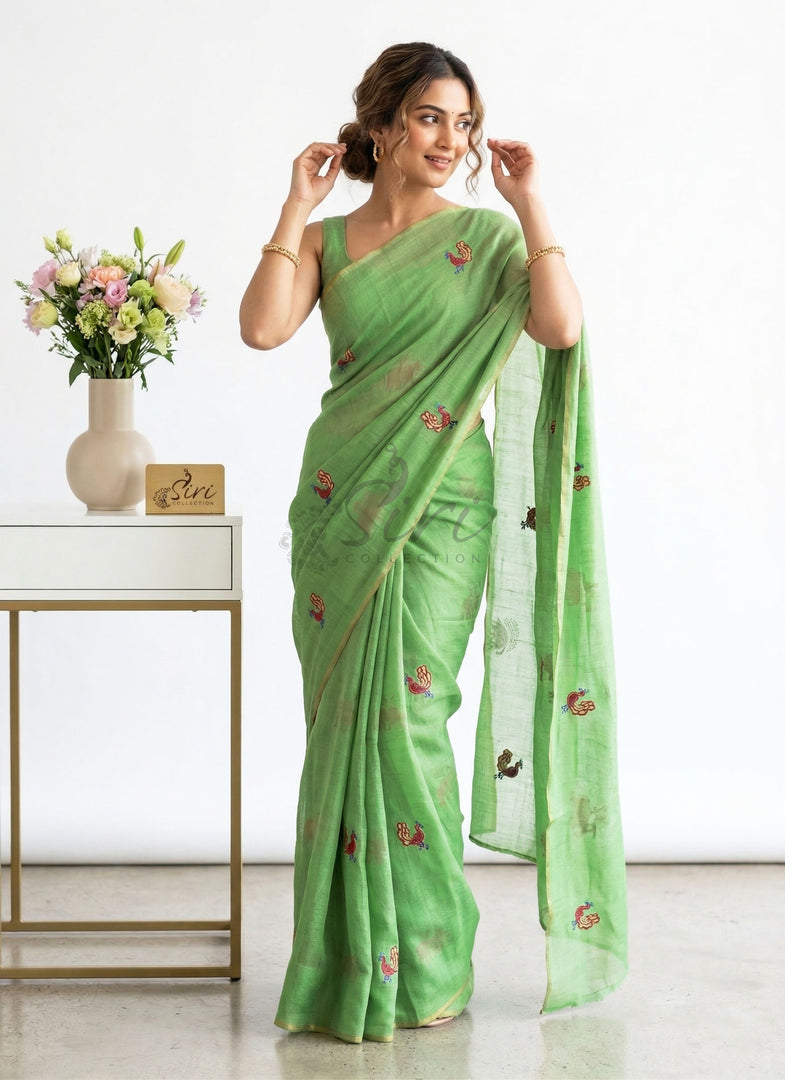 Beautiful Jute Silk Saree in Peacock Butis