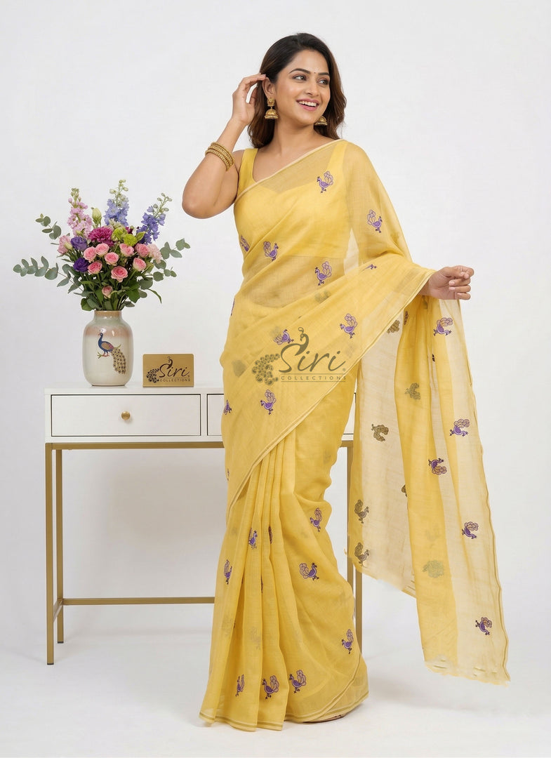Beautiful Jute Silk Saree in Peacock Butis