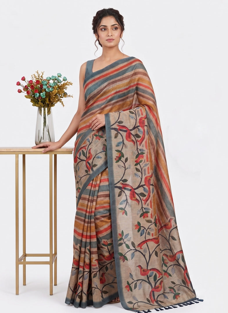 Siri Collections Latest Digital Print Chanderi Saree with Blouse