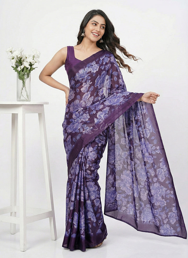 Beautiful Floral Printed Satin Chiffon Saree