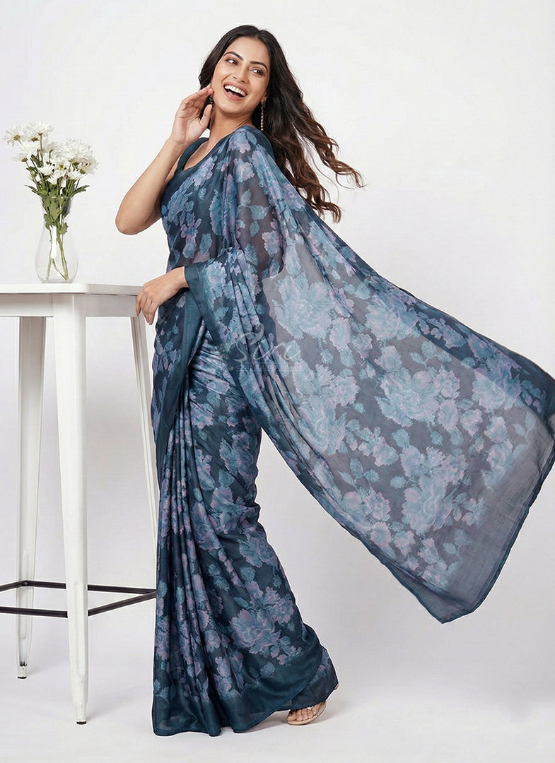 Beautiful Floral Printed Satin Chiffon Saree