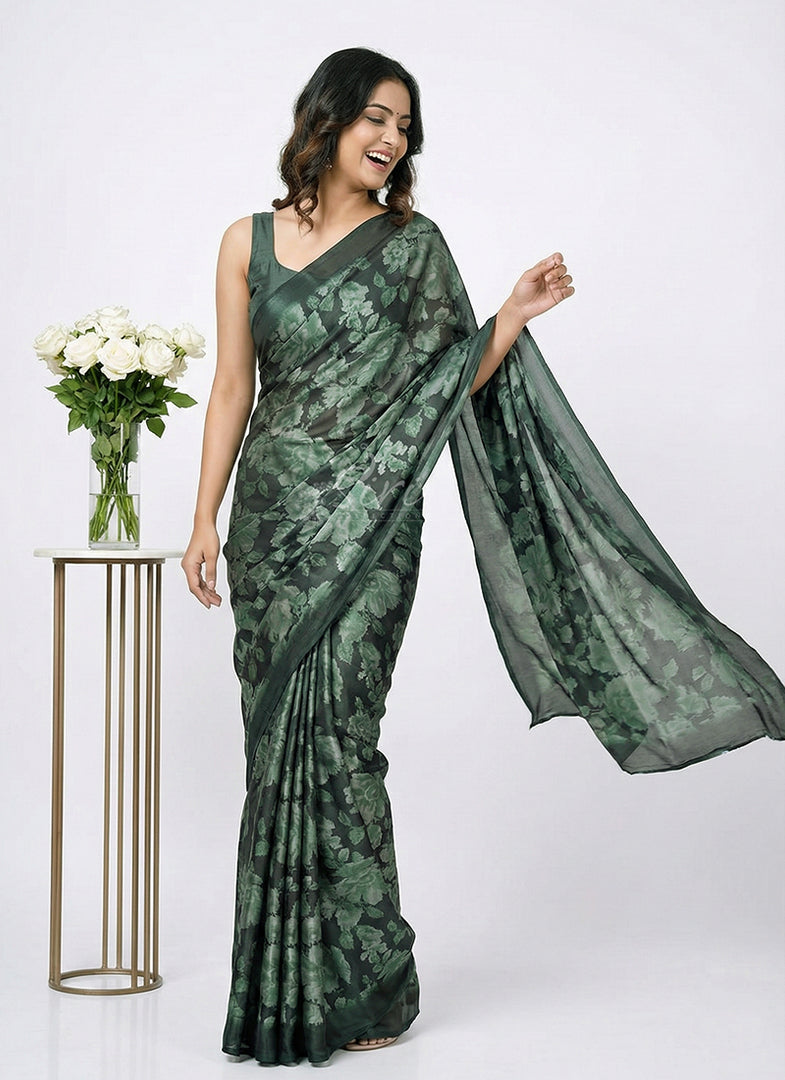 Beautiful Floral Printed Satin Chiffon Saree