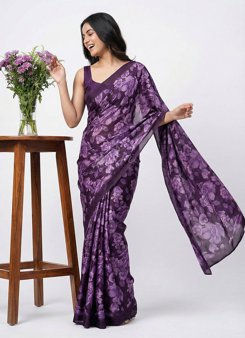 Beautiful Floral Printed Satin Chiffon Saree