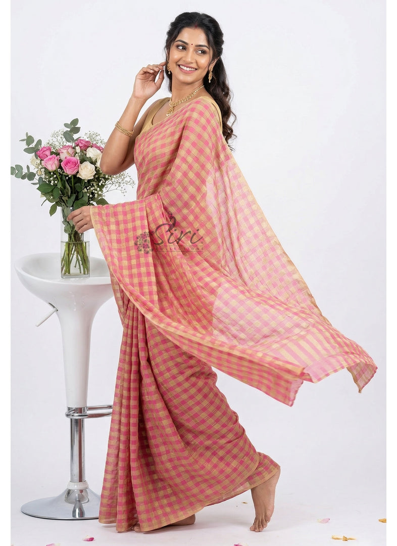 Latest Zari Checks Georgette Saree with Gold Colour Work Blouse