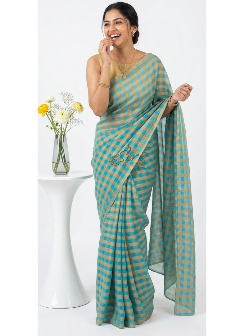 Latest Zari Checks Georgette Saree with Gold Colour Work Blouse