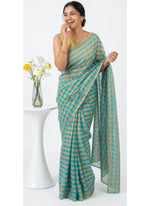 Load image into Gallery viewer, Latest Zari Checks Georgette Saree with Gold Colour Work Blouse