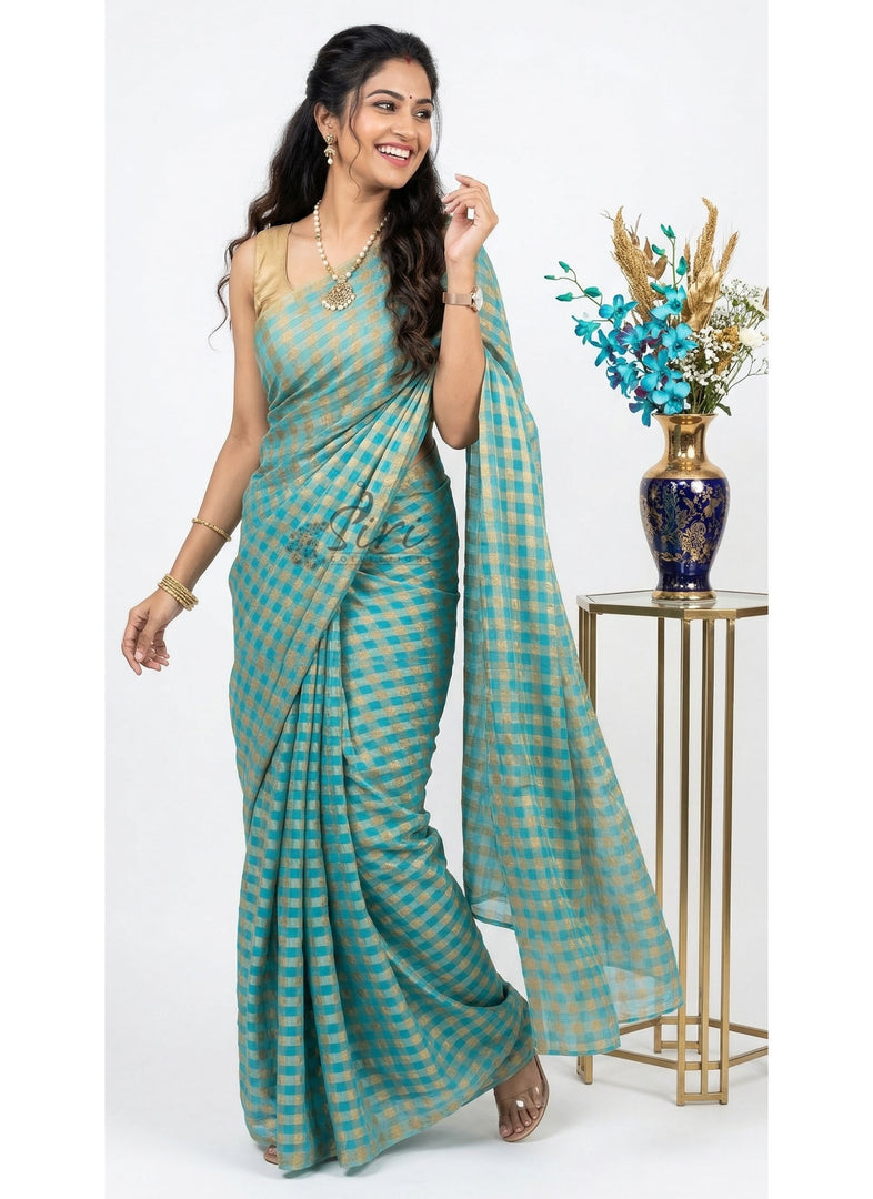 Latest Zari Checks Georgette Saree with Gold Colour Work Blouse
