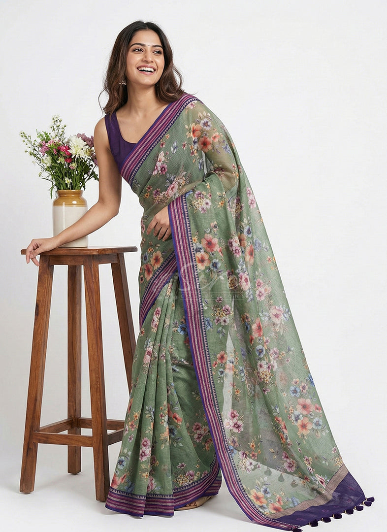 Beautiful Floral Digital Prints on Pure Kota Saree