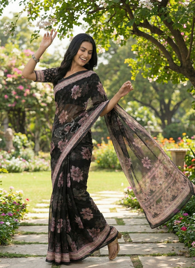 Beautiful Digital Print Soft Siri Chiffon Saree with Blouse