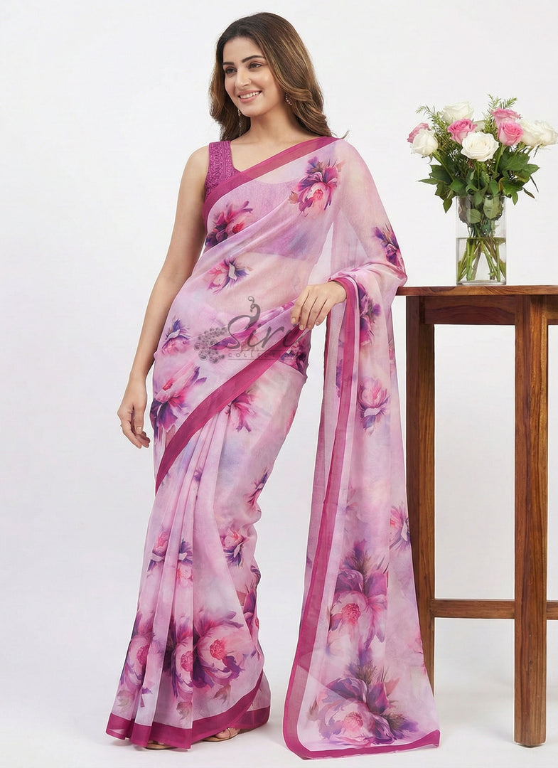Beautiful Digital Print Soft Siri Chiffon Saree with Blouse
